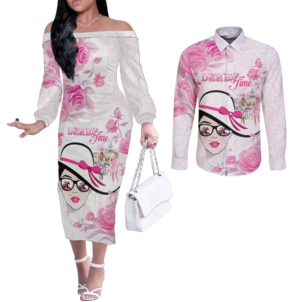 Kentucky Horse Racing Couples Matching Off The Shoulder Long Sleeve Dress and Long Sleeve Button Shirt Fancy Ladies