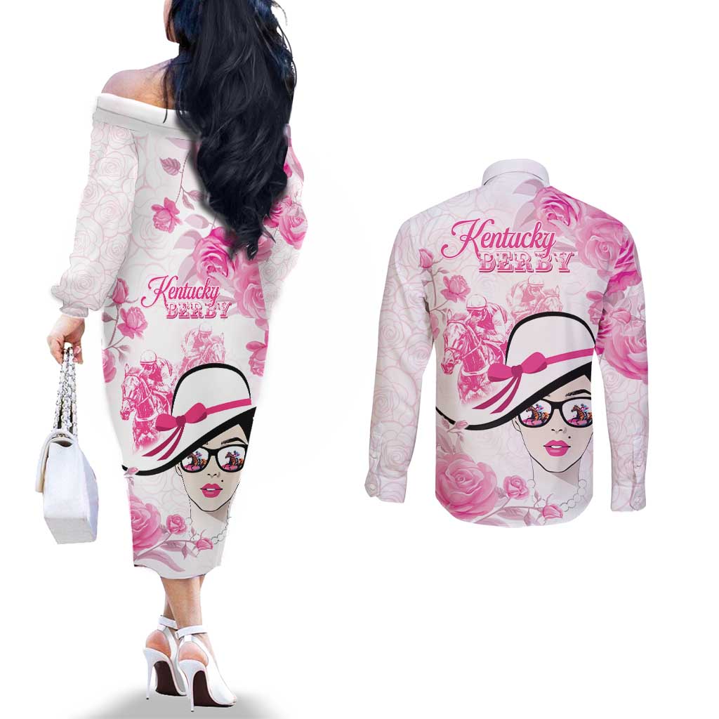 Kentucky Horse Racing Couples Matching Off The Shoulder Long Sleeve Dress and Long Sleeve Button Shirt Fancy Ladies