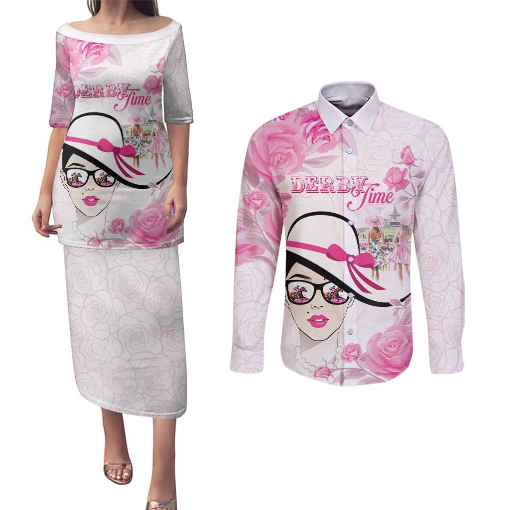 Kentucky Horse Racing Couples Matching Puletasi and Long Sleeve Button Shirt Fancy Ladies