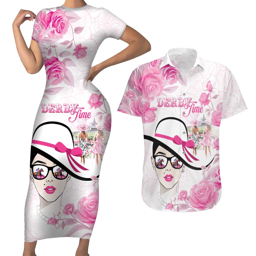 Kentucky Horse Racing Couples Matching Short Sleeve Bodycon Dress and Hawaiian Shirt Fancy Ladies