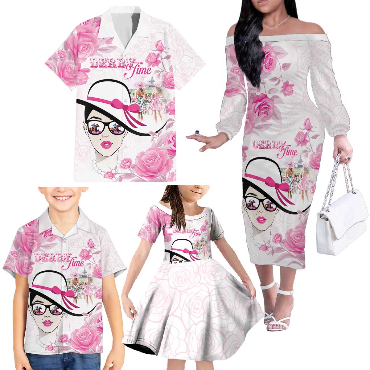 Kentucky Horse Racing Family Matching Off The Shoulder Long Sleeve Dress and Hawaiian Shirt Fancy Ladies