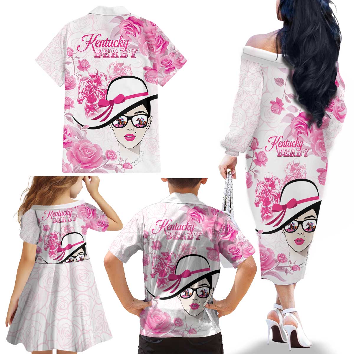 Kentucky Horse Racing Family Matching Off The Shoulder Long Sleeve Dress and Hawaiian Shirt Fancy Ladies