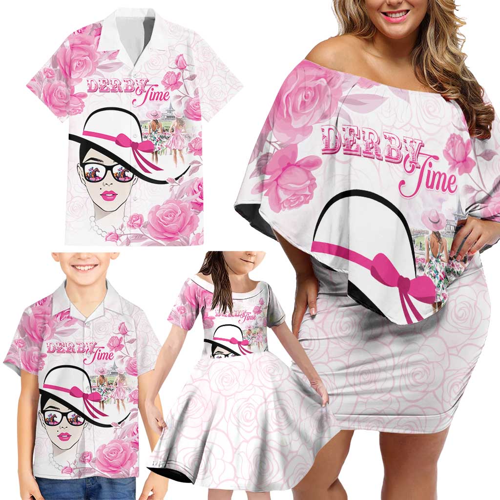 Kentucky Horse Racing Family Matching Off Shoulder Short Dress and Hawaiian Shirt Fancy Ladies