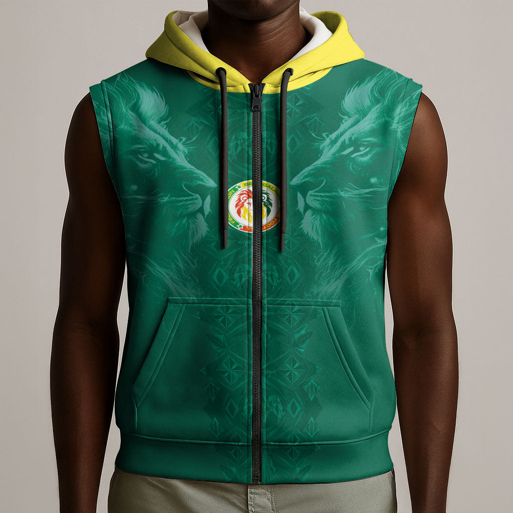 Custom Senegal Football Sleeveless Zip Hoodie Lions Of Teranga Sporty Style