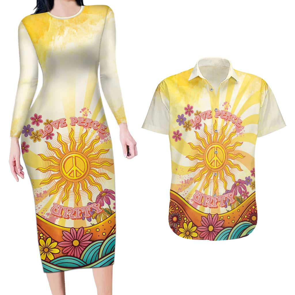 Love Peace Unity Couples Matching Long Sleeve Bodycon Dress and Hawaiian Shirt Hippie Soul Sunflower - Wonder Print Shop