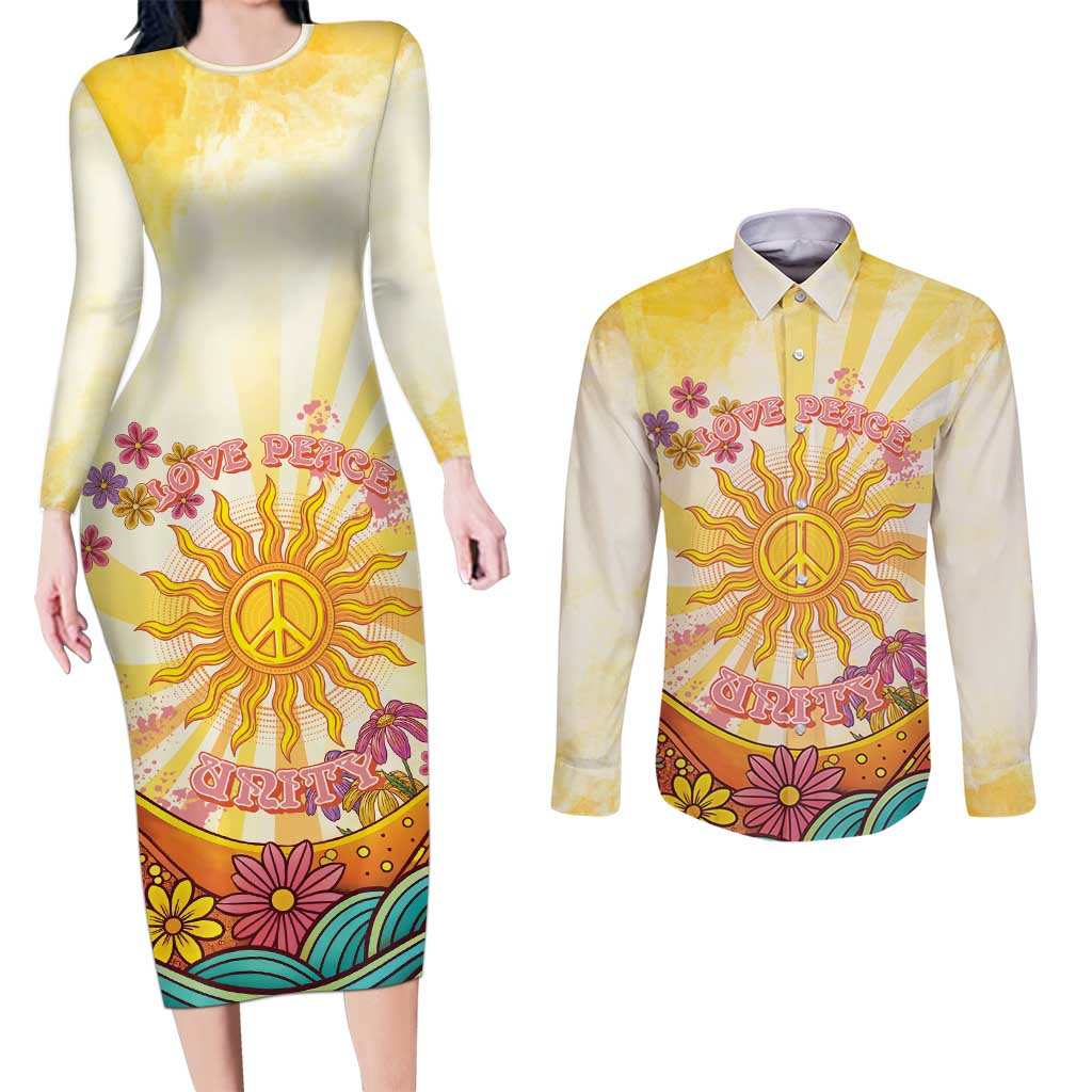Love Peace Unity Couples Matching Long Sleeve Bodycon Dress and Long Sleeve Button Shirt Hippie Soul Sunflower - Wonder Print Shop