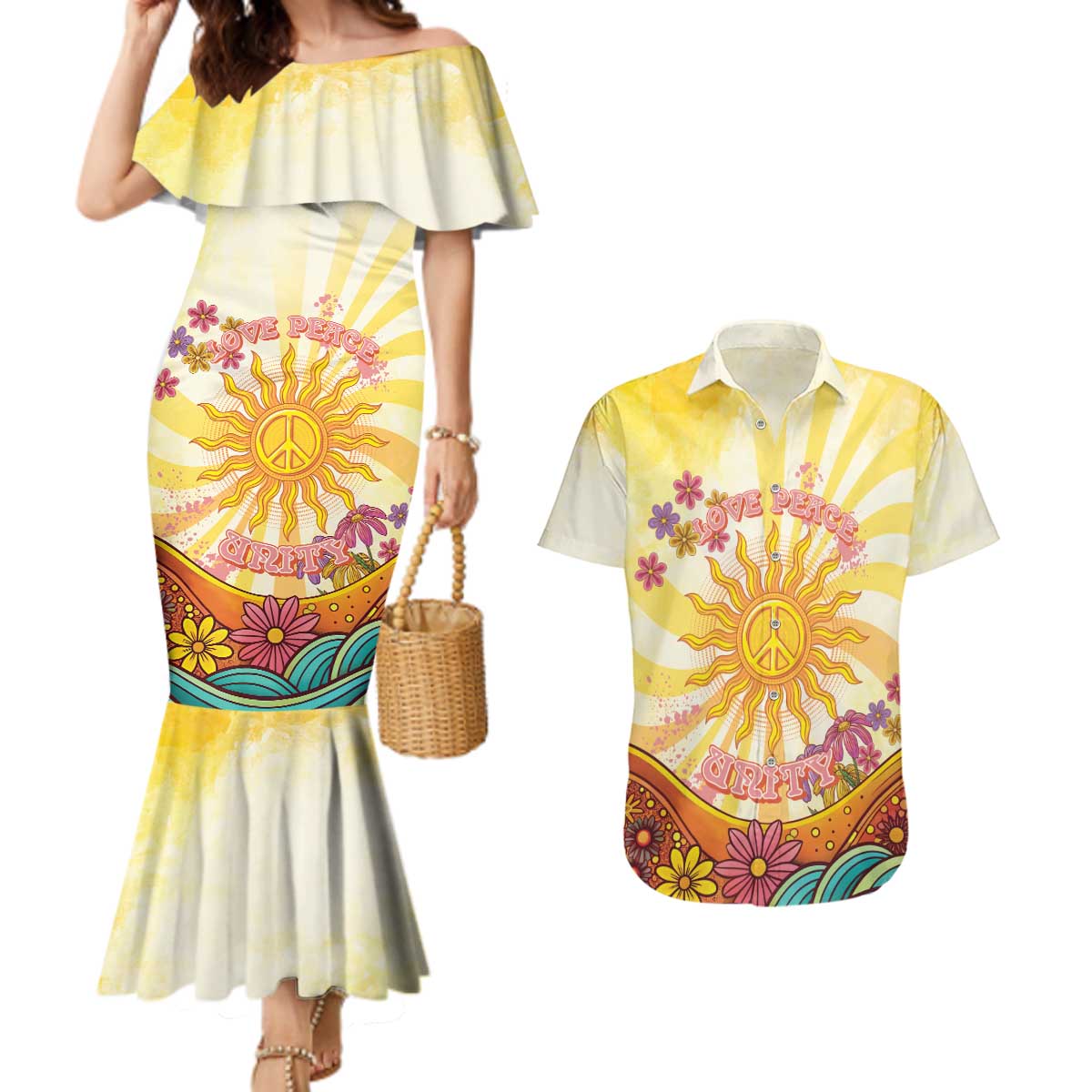Love Peace Unity Couples Matching Mermaid Dress and Hawaiian Shirt Hippie Soul Sunflower - Wonder Print Shop