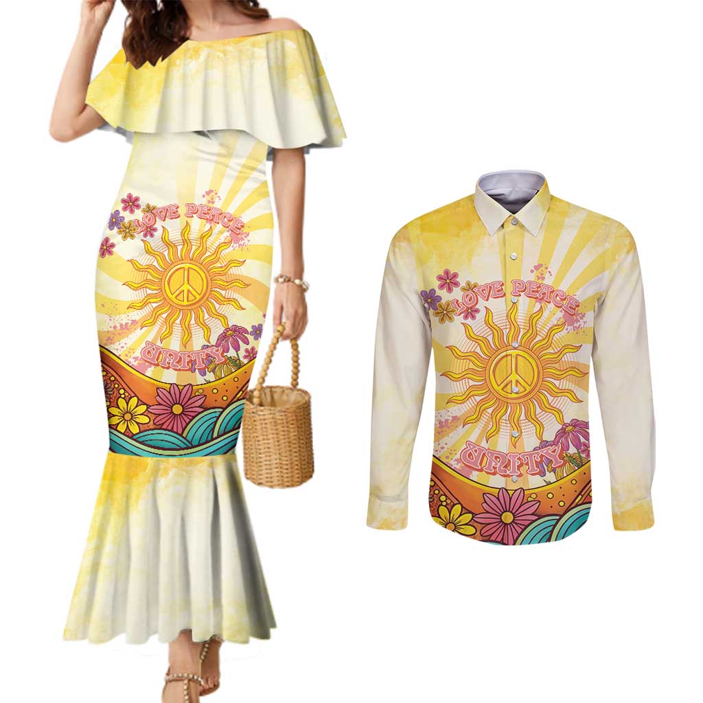 Love Peace Unity Couples Matching Mermaid Dress and Long Sleeve Button Shirt Hippie Soul Sunflower - Wonder Print Shop