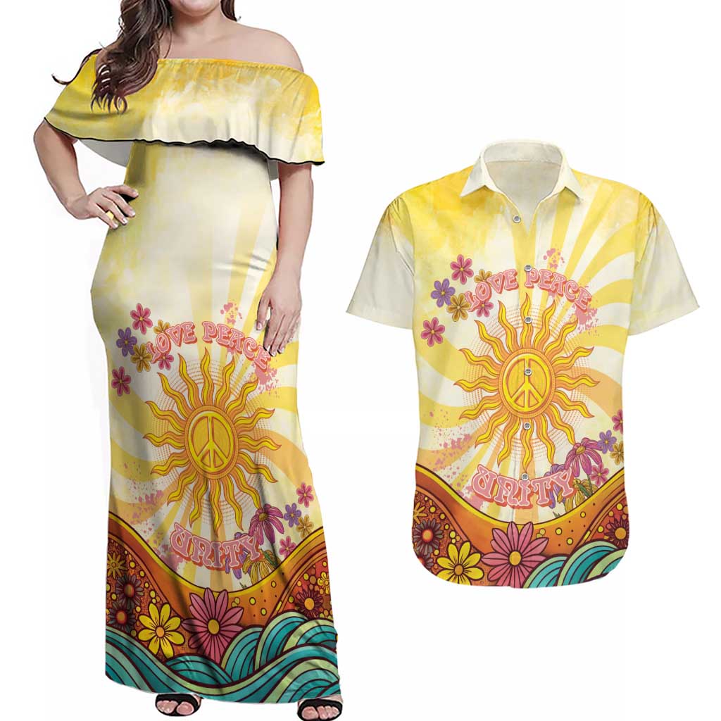 Love Peace Unity Couples Matching Off Shoulder Maxi Dress and Hawaiian Shirt Hippie Soul Sunflower - Wonder Print Shop