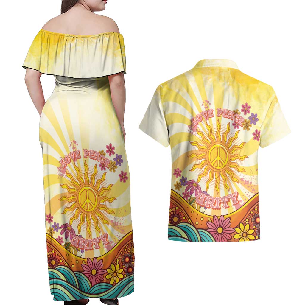 Love Peace Unity Couples Matching Off Shoulder Maxi Dress and Hawaiian Shirt Hippie Soul Sunflower - Wonder Print Shop