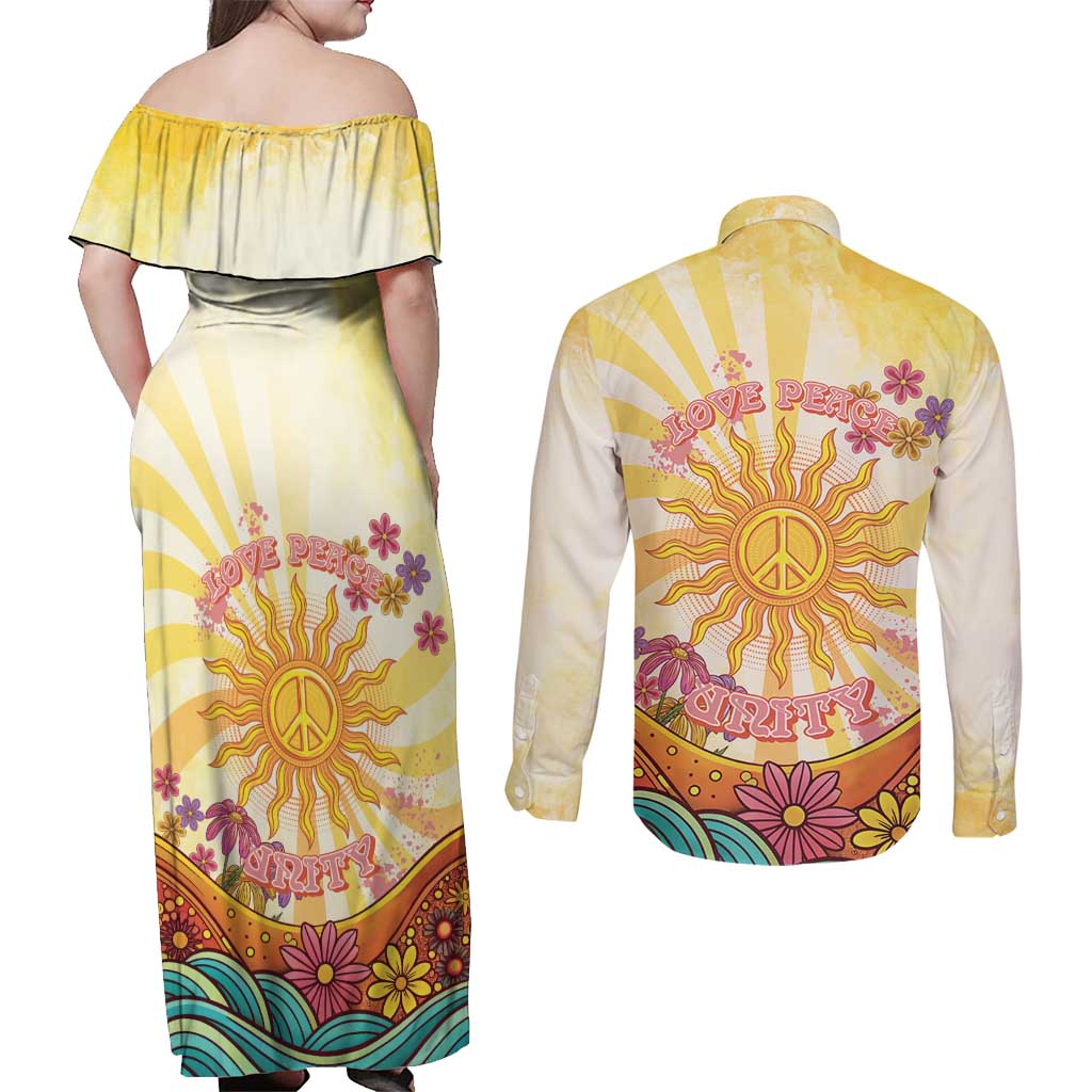 Love Peace Unity Couples Matching Off Shoulder Maxi Dress and Long Sleeve Button Shirt Hippie Soul Sunflower - Wonder Print Shop