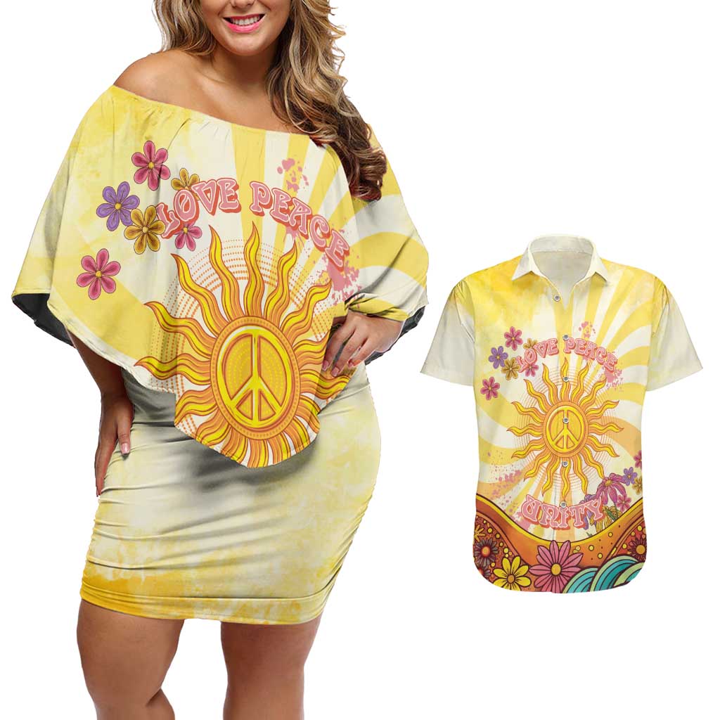 Love Peace Unity Couples Matching Off Shoulder Short Dress and Hawaiian Shirt Hippie Soul Sunflower - Wonder Print Shop