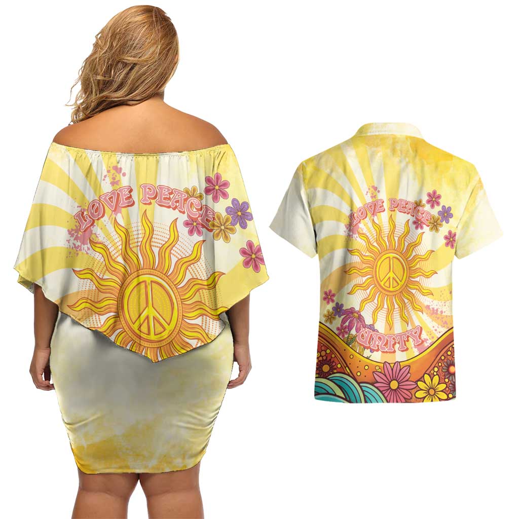 Love Peace Unity Couples Matching Off Shoulder Short Dress and Hawaiian Shirt Hippie Soul Sunflower - Wonder Print Shop