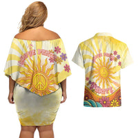 Love Peace Unity Couples Matching Off Shoulder Short Dress and Hawaiian Shirt Hippie Soul Sunflower - Wonder Print Shop