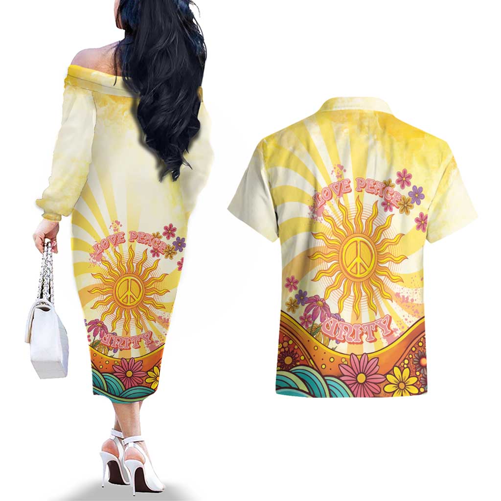 Love Peace Unity Couples Matching Off The Shoulder Long Sleeve Dress and Hawaiian Shirt Hippie Soul Sunflower - Wonder Print Shop