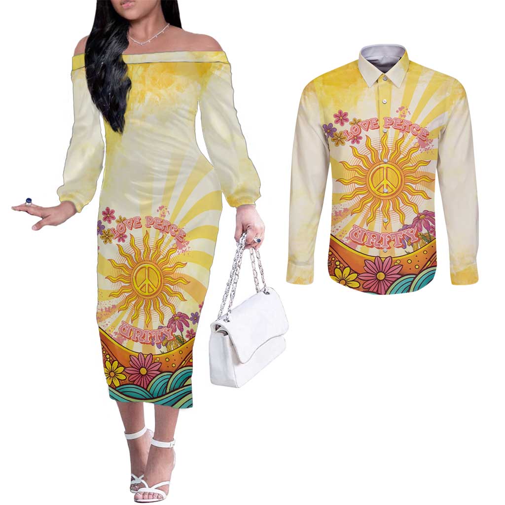 Love Peace Unity Couples Matching Off The Shoulder Long Sleeve Dress and Long Sleeve Button Shirt Hippie Soul Sunflower - Wonder Print Shop