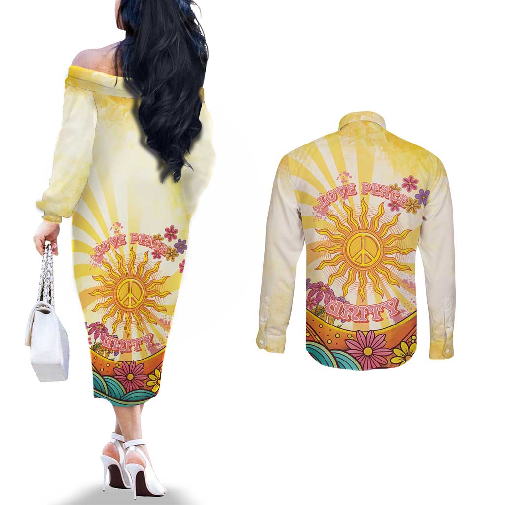 Love Peace Unity Couples Matching Off The Shoulder Long Sleeve Dress and Long Sleeve Button Shirt Hippie Soul Sunflower - Wonder Print Shop