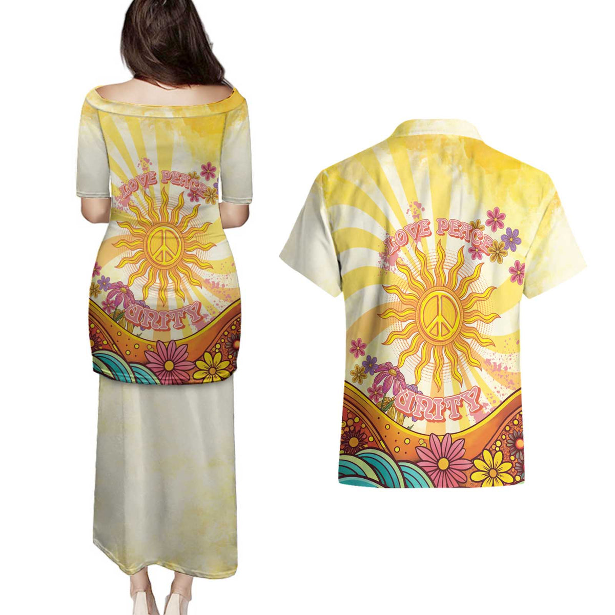 Love Peace Unity Couples Matching Puletasi and Hawaiian Shirt Hippie Soul Sunflower - Wonder Print Shop