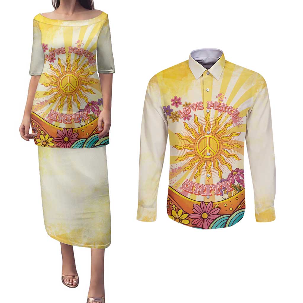 Love Peace Unity Couples Matching Puletasi and Long Sleeve Button Shirt Hippie Soul Sunflower - Wonder Print Shop