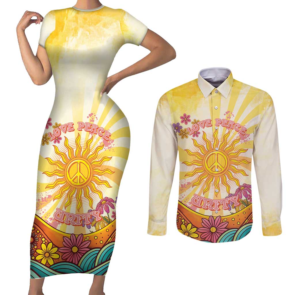 Love Peace Unity Couples Matching Short Sleeve Bodycon Dress and Long Sleeve Button Shirt Hippie Soul Sunflower - Wonder Print Shop
