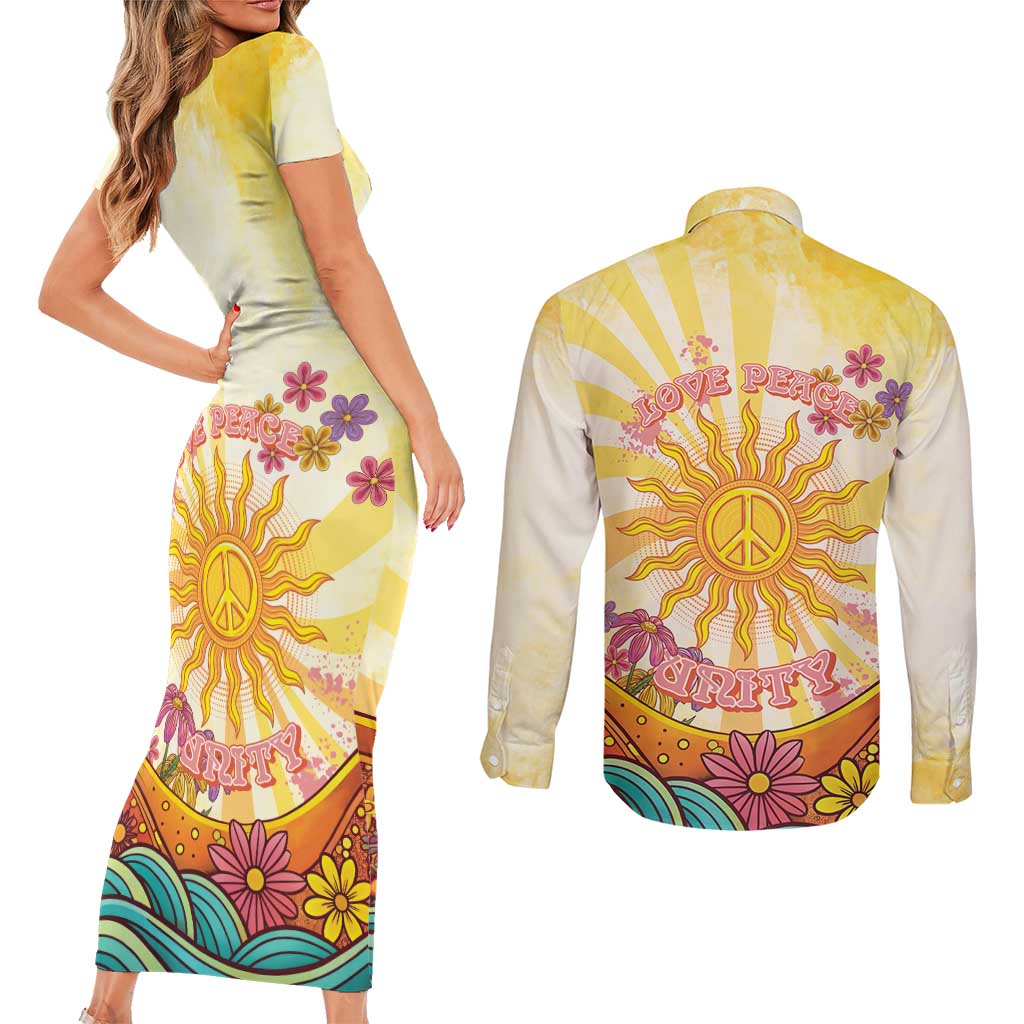 Love Peace Unity Couples Matching Short Sleeve Bodycon Dress and Long Sleeve Button Shirt Hippie Soul Sunflower - Wonder Print Shop