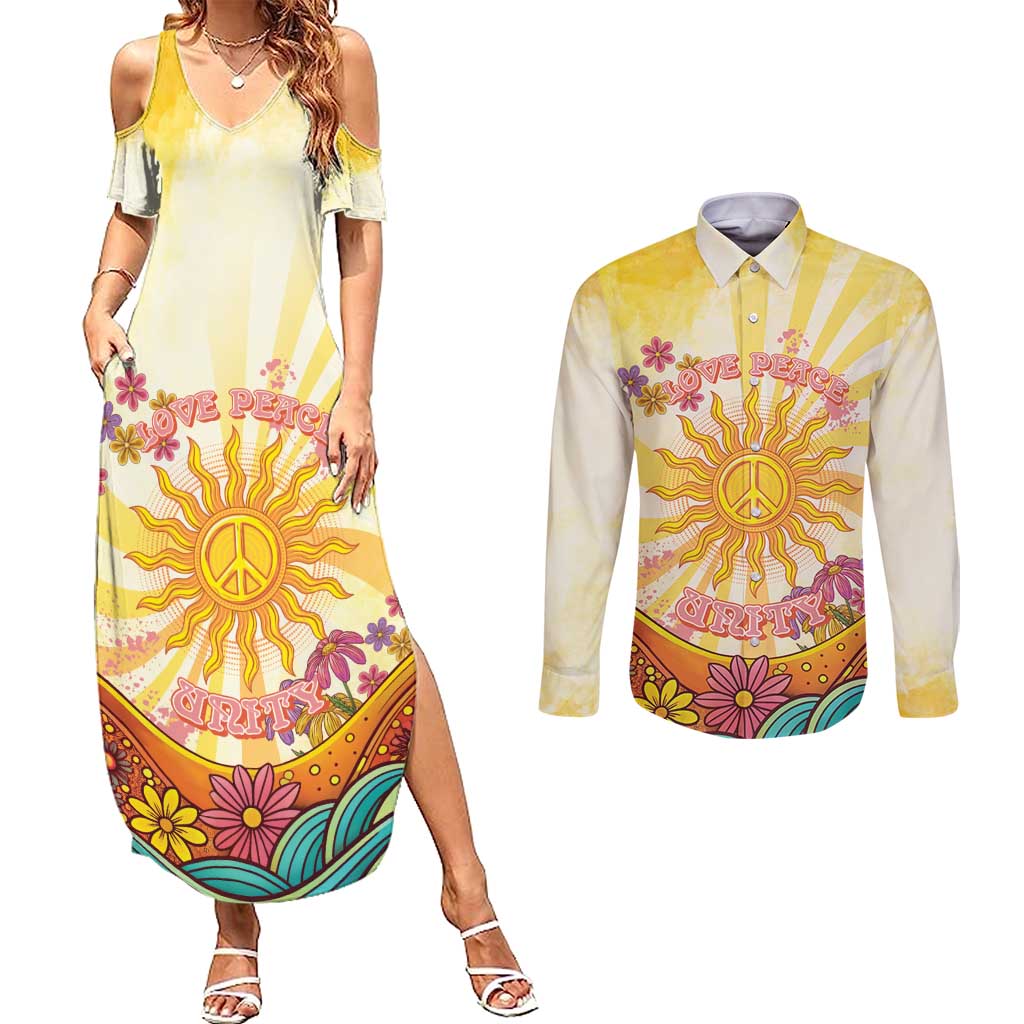 Love Peace Unity Couples Matching Summer Maxi Dress and Long Sleeve Button Shirt Hippie Soul Sunflower - Wonder Print Shop