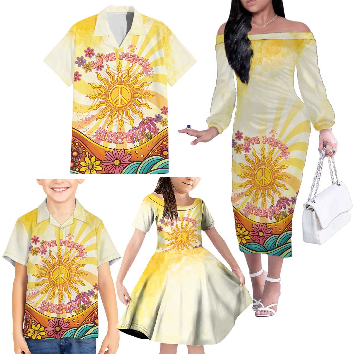 Love Peace Unity Family Matching Off The Shoulder Long Sleeve Dress and Hawaiian Shirt Hippie Soul Sunflower - Wonder Print Shop