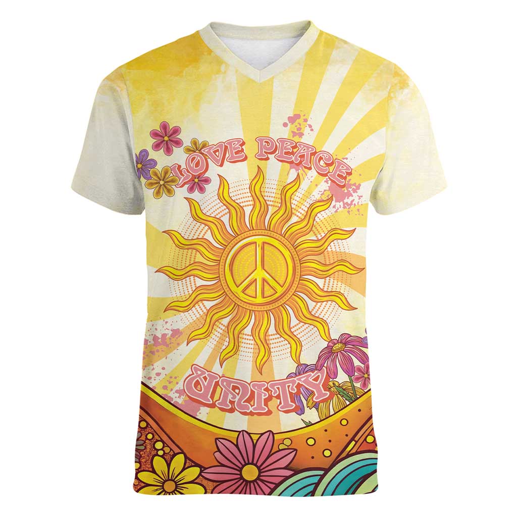 Love Peace Unity Women V-Neck T-Shirt Hippie Soul Sunflower - Wonder Print Shop