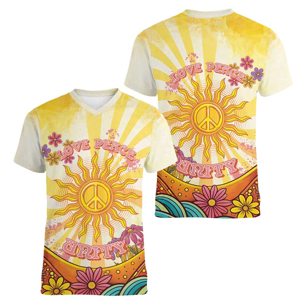 Love Peace Unity Women V-Neck T-Shirt Hippie Soul Sunflower - Wonder Print Shop