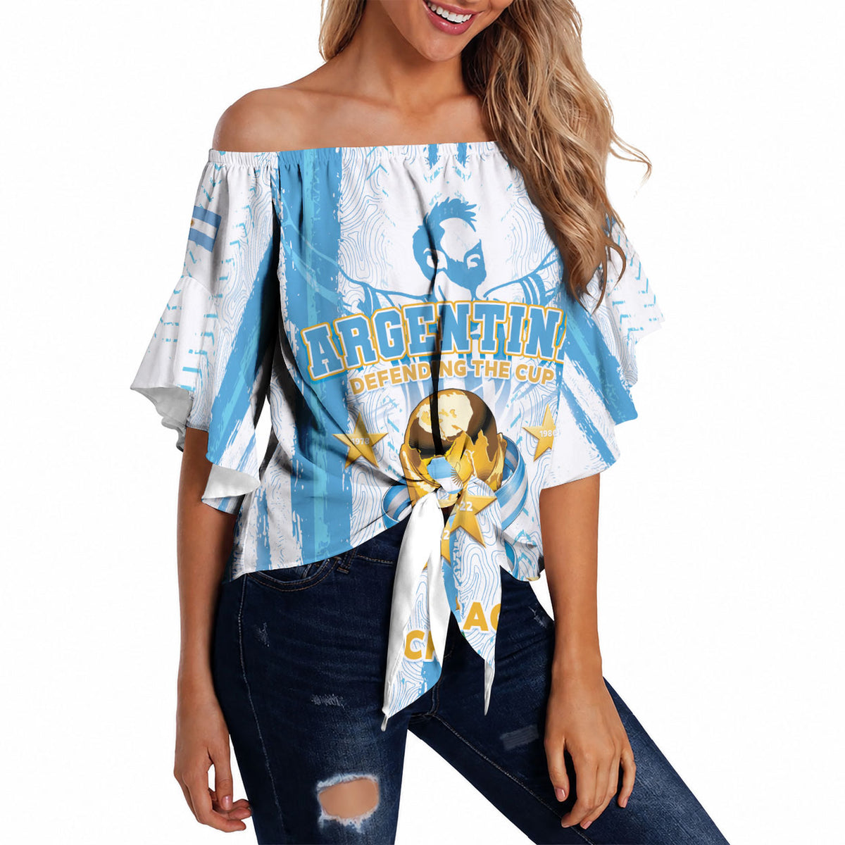 Custom Argentina World Final Football Off Shoulder Wrap Waist Top Back To Back 2022 2026