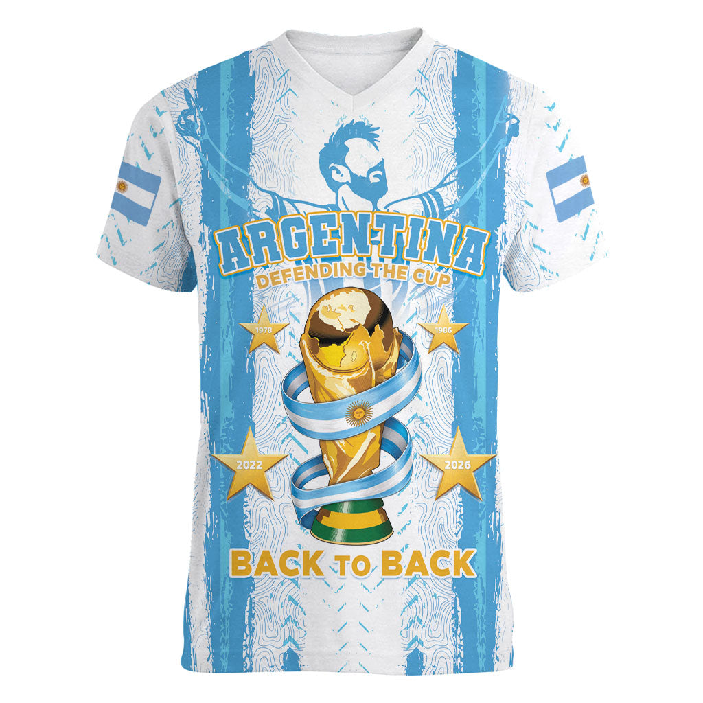 Custom Argentina World Final Football Women V-Neck T-Shirt Back To Back 2022 2026