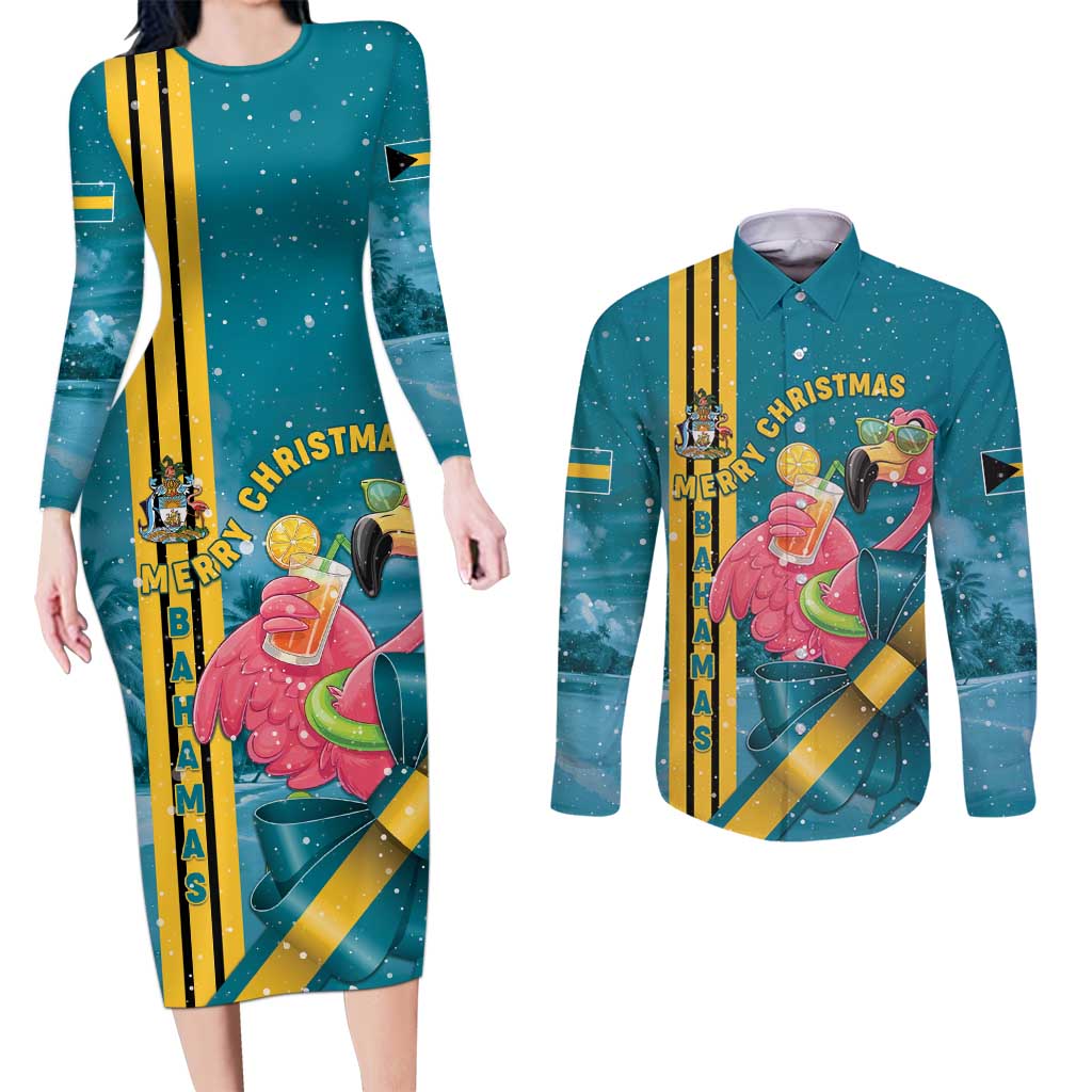 Bahamas Christmas Couples Matching Long Sleeve Bodycon Dress and Long Sleeve Button Shirt Merry Mingo Tropical Vibes - Wonder Print Shop