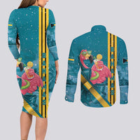 Bahamas Christmas Couples Matching Long Sleeve Bodycon Dress and Long Sleeve Button Shirt Merry Mingo Tropical Vibes - Wonder Print Shop