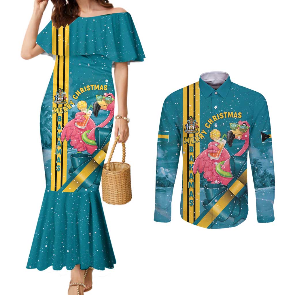 Bahamas Christmas Couples Matching Mermaid Dress and Long Sleeve Button Shirt Merry Mingo Tropical Vibes - Wonder Print Shop