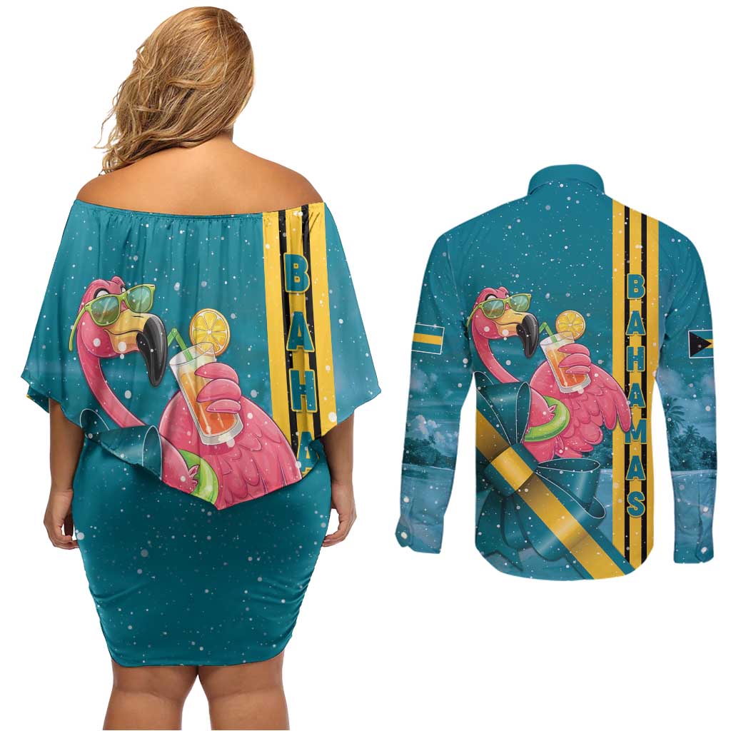 Bahamas Christmas Couples Matching Off Shoulder Short Dress and Long Sleeve Button Shirt Merry Mingo Tropical Vibes - Wonder Print Shop