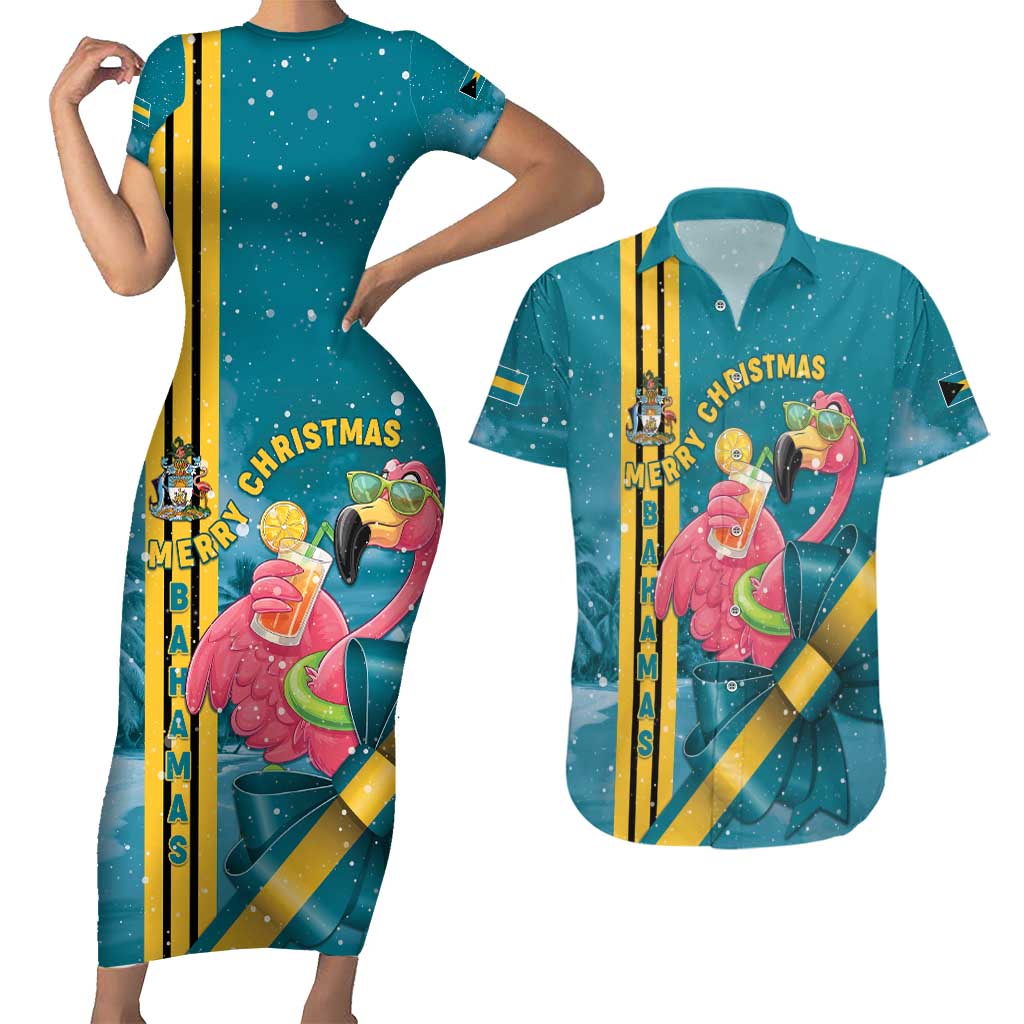 Bahamas Christmas Couples Matching Short Sleeve Bodycon Dress and Hawaiian Shirt Merry Mingo Tropical Vibes - Wonder Print Shop