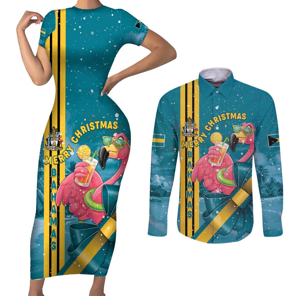 Bahamas Christmas Couples Matching Short Sleeve Bodycon Dress and Long Sleeve Button Shirt Merry Mingo Tropical Vibes - Wonder Print Shop