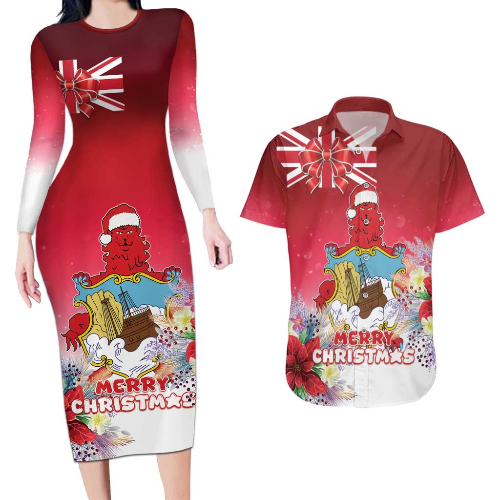 Bermuda Christmas Couples Matching Long Sleeve Bodycon Dress and Hawaiian Shirt Coquette Bow Xmas Vibe - Wonder Print Shop