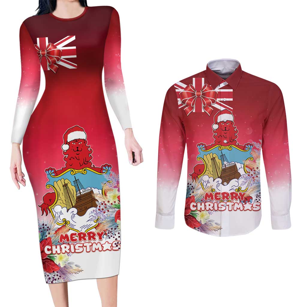 Bermuda Christmas Couples Matching Long Sleeve Bodycon Dress and Long Sleeve Button Shirt Coquette Bow Xmas Vibe - Wonder Print Shop