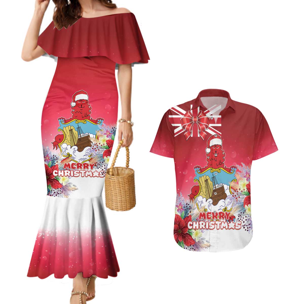 Bermuda Christmas Couples Matching Mermaid Dress and Hawaiian Shirt Coquette Bow Xmas Vibe - Wonder Print Shop