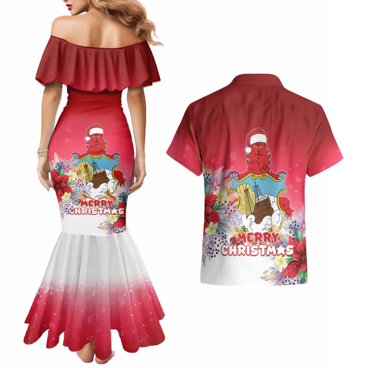 Bermuda Christmas Couples Matching Mermaid Dress and Hawaiian Shirt Coquette Bow Xmas Vibe - Wonder Print Shop