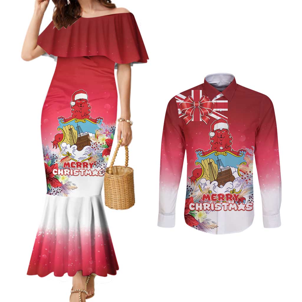 Bermuda Christmas Couples Matching Mermaid Dress and Long Sleeve Button Shirt Coquette Bow Xmas Vibe - Wonder Print Shop