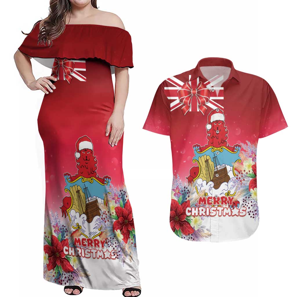Bermuda Christmas Couples Matching Off Shoulder Maxi Dress and Hawaiian Shirt Coquette Bow Xmas Vibe - Wonder Print Shop