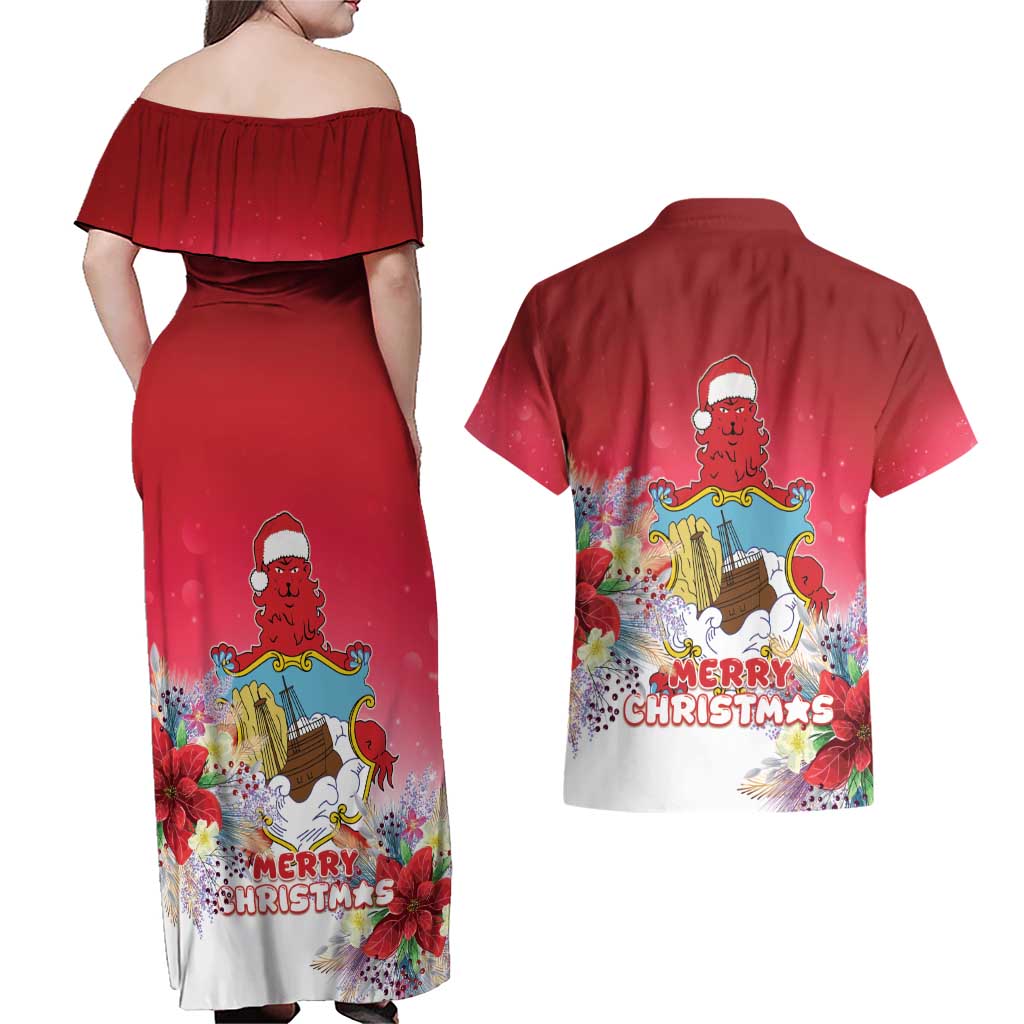 Bermuda Christmas Couples Matching Off Shoulder Maxi Dress and Hawaiian Shirt Coquette Bow Xmas Vibe - Wonder Print Shop