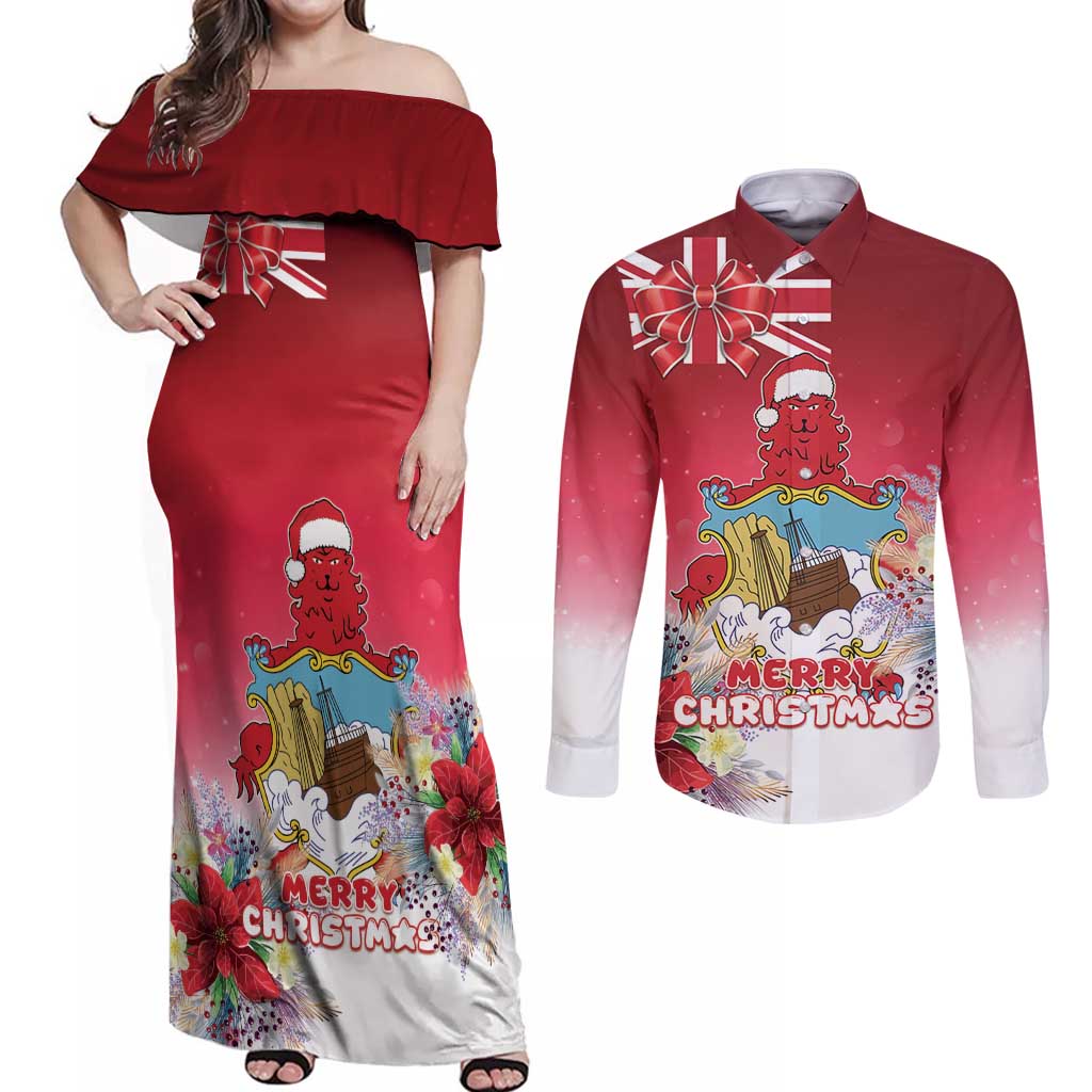 Bermuda Christmas Couples Matching Off Shoulder Maxi Dress and Long Sleeve Button Shirt Coquette Bow Xmas Vibe - Wonder Print Shop