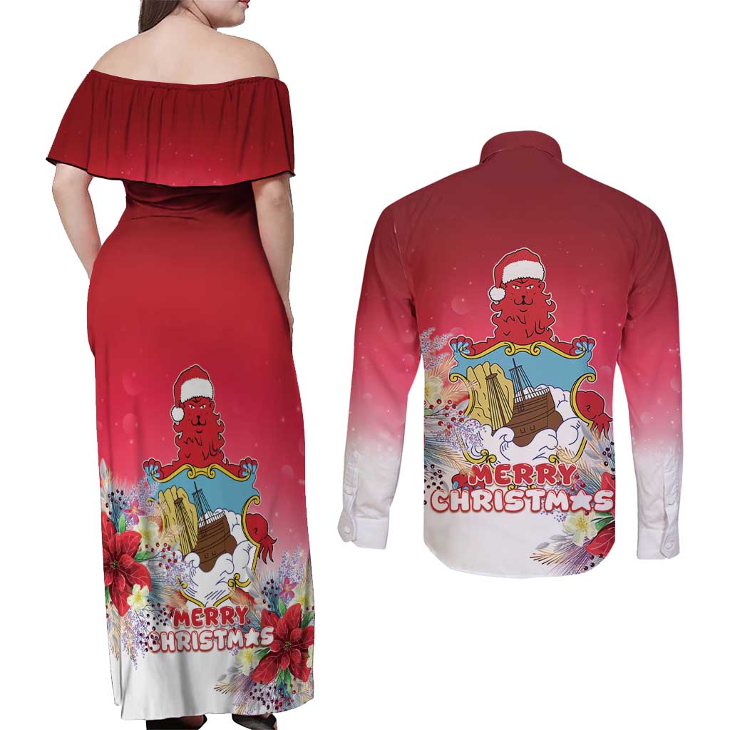 Bermuda Christmas Couples Matching Off Shoulder Maxi Dress and Long Sleeve Button Shirt Coquette Bow Xmas Vibe - Wonder Print Shop