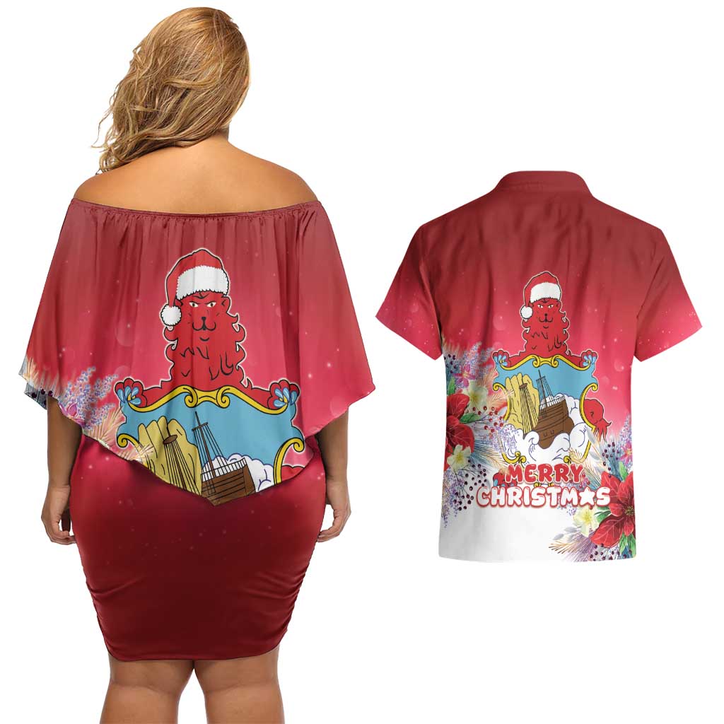 Bermuda Christmas Couples Matching Off Shoulder Short Dress and Hawaiian Shirt Coquette Bow Xmas Vibe - Wonder Print Shop