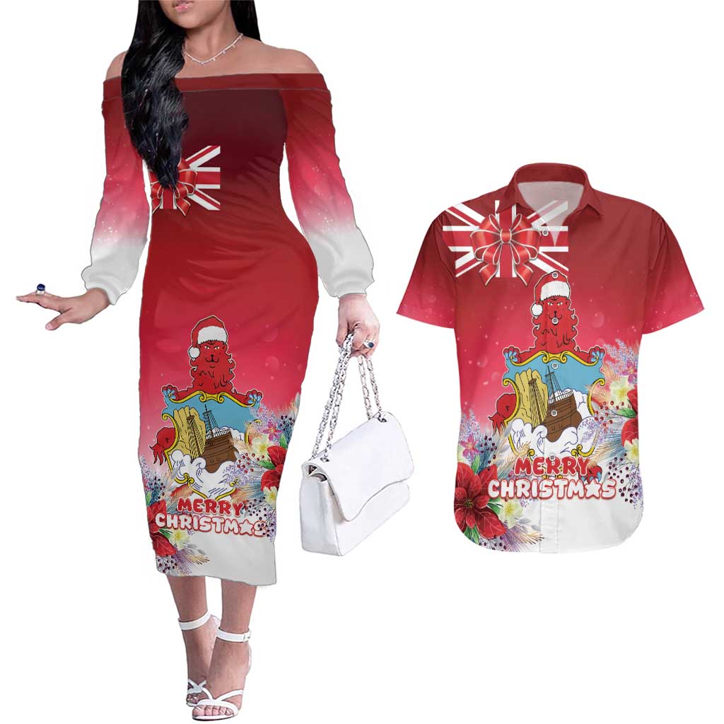 Bermuda Christmas Couples Matching Off The Shoulder Long Sleeve Dress and Hawaiian Shirt Coquette Bow Xmas Vibe - Wonder Print Shop