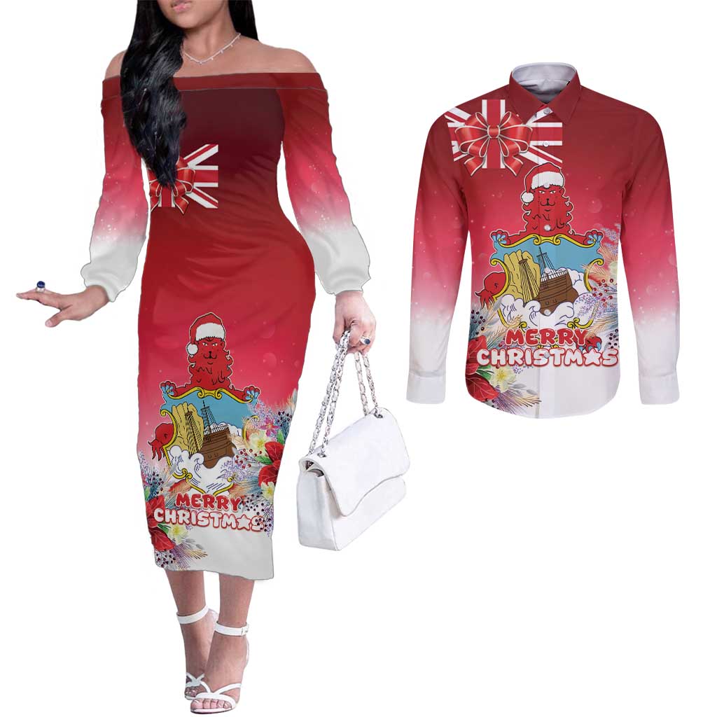 Bermuda Christmas Couples Matching Off The Shoulder Long Sleeve Dress and Long Sleeve Button Shirt Coquette Bow Xmas Vibe - Wonder Print Shop