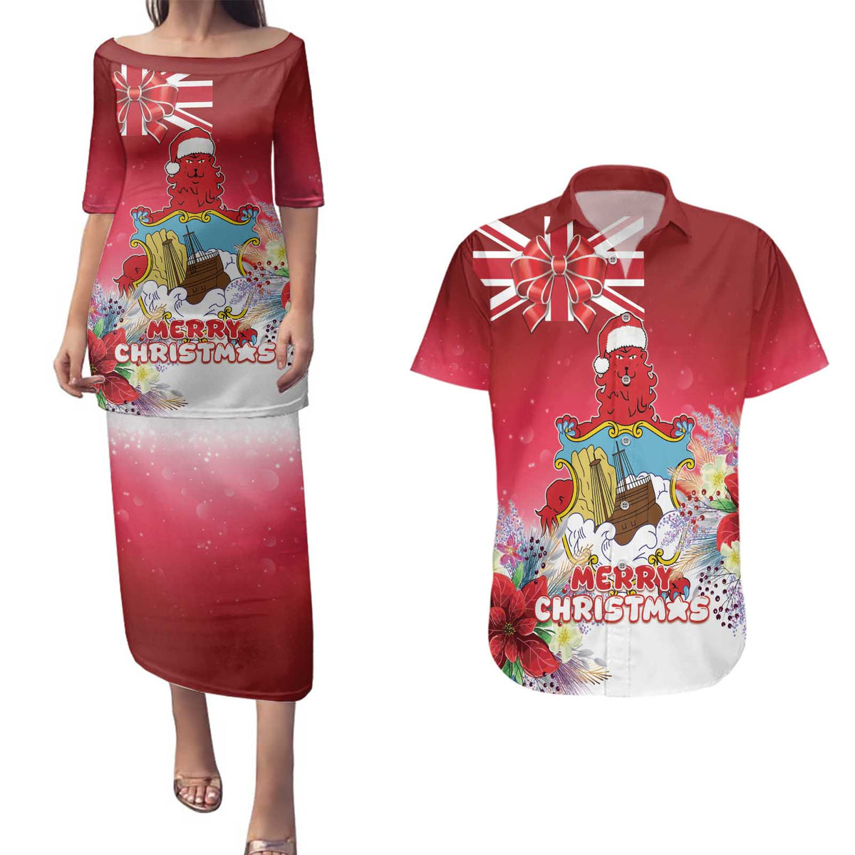 Bermuda Christmas Couples Matching Puletasi and Hawaiian Shirt Coquette Bow Xmas Vibe - Wonder Print Shop